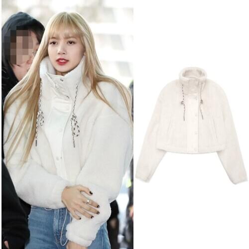 Kpop Korean Celebrity Winter fashion white short Coat Women Long Sleeve Stand Collar Cashmere Warm Jacket ladies Thick Outerwear