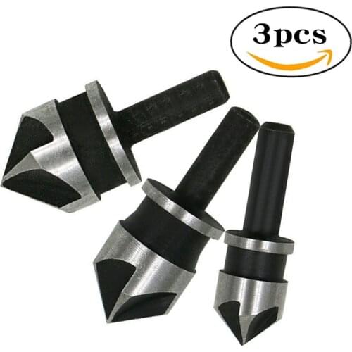 3pcs Chamfer Drill Bit Set 12/16/19mm 5Flute Woodworking Drill Bit Cutter Countersink Drill Bit Set Chamfering Cutter Tools