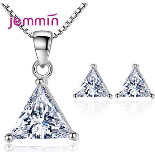 New Arrival 925 Sterling Silver Pendant Necklace Earrings Jewelry Set For Women Party Classic Triangle Design Austrian Crystal