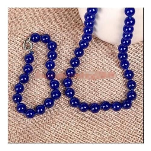 Charming Natural 10mm Blue Jade Round Beads Necklace +Bracelet Set