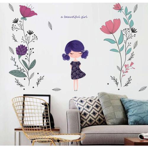 Hand painted flower and girl wall sticker PVC Material DIY Lovely Girl wall decals For Childrens room bedroom decor sticker