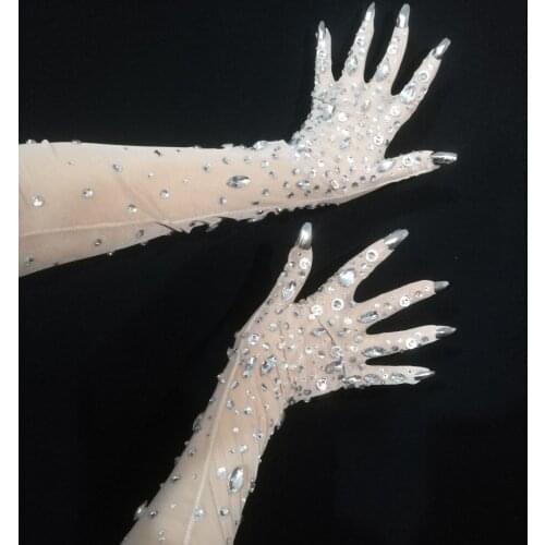 Silver Rhinestones Stretch Transparent White Gloves Bar Singer Ornament Crystals Stones Long Mittens Party Stage Accessories