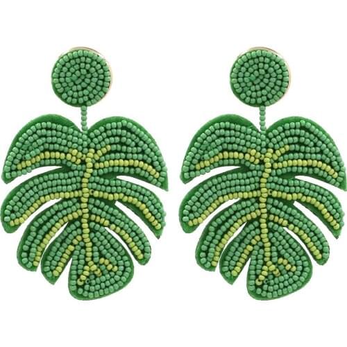 Hand-Woven Rice Beads Leaf Earrings Exaggerated Creative Beaded Leaves Ear Pendant