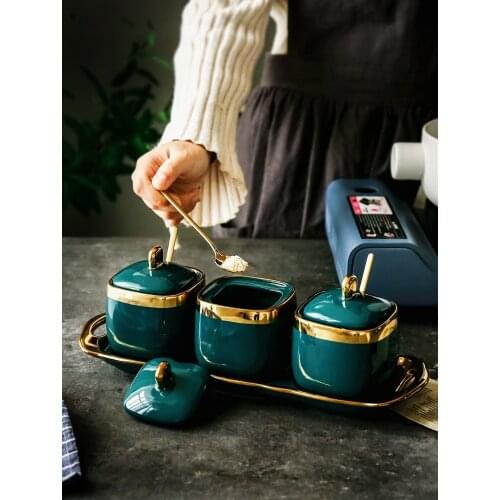 Northern European Light Luxury Emerald Ceramic Sugar Cans Salt MSG Jar Seasoning Jar Seasoning Box Four-piece Household Set