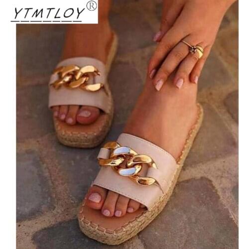 New Brand Design Gold Chain Womens Slippers Closed Toe Non-slip Muller Shoes Round Toe Flat Casual Slippers Flip-flops