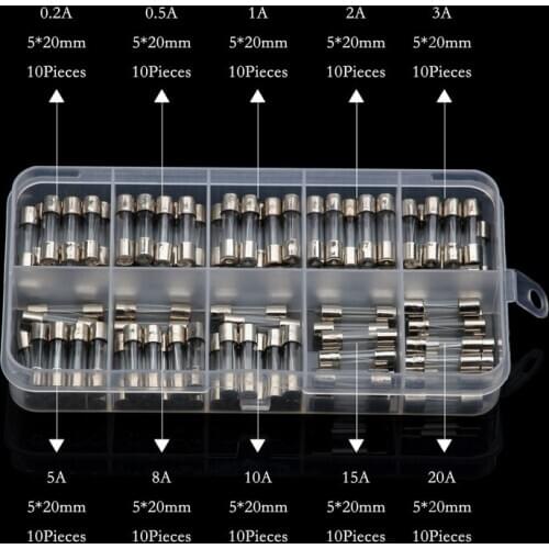 100PCS 5x20mm Quick Blow Glass Tube Fuses 250V 0.2A 0.5A 1A 2A 3A 5A 8A 10A 15A 20A Assorted Kits Fast-blow Glass Fuses Sets