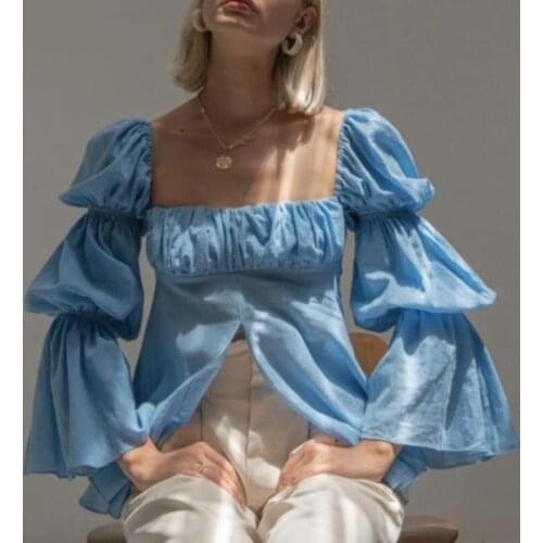 Vintage long sleeve blouse women square neck top elegant fashion womens tops and blouse flare sleeve fall ruched top blue