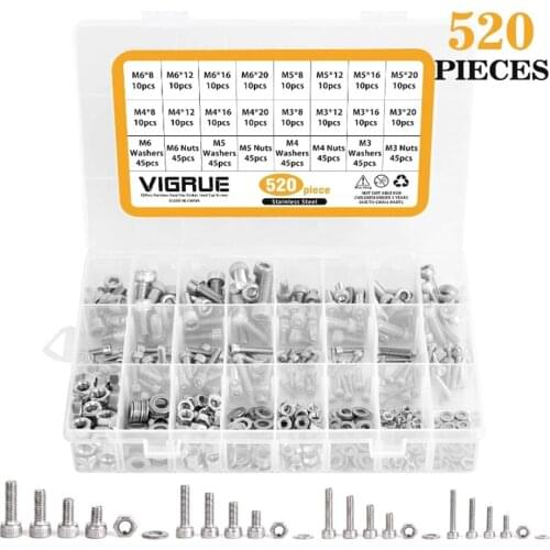 520pcs screws nuts washers M3 M4 M5 M6 Hex Hexagon Socket Screw Set Stainless Steel Flat Round Cap Head Screw Kit with box