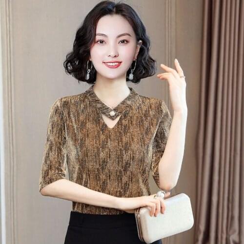 Womens Spring Summer Style Mesh Blouses Shirt Womens Sequined Half Sleeve V-neck Solid Color Patchwork Elegant Tops DD8753