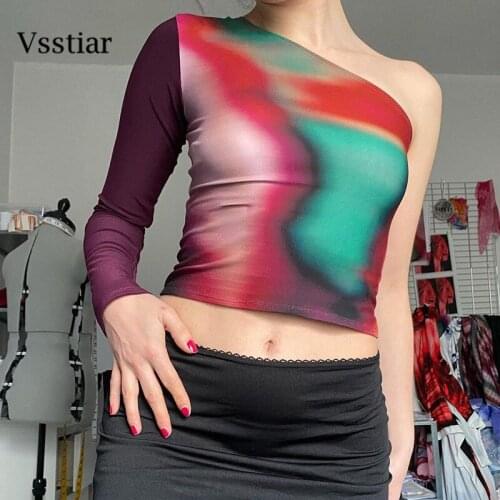 Vsstiar One Shoulder Tie Dye Cropped Tops Skew Collar Sexy Long Sleeve Sheath Women T-Shirt Fashion Y2K Streetwear Femme Shirts