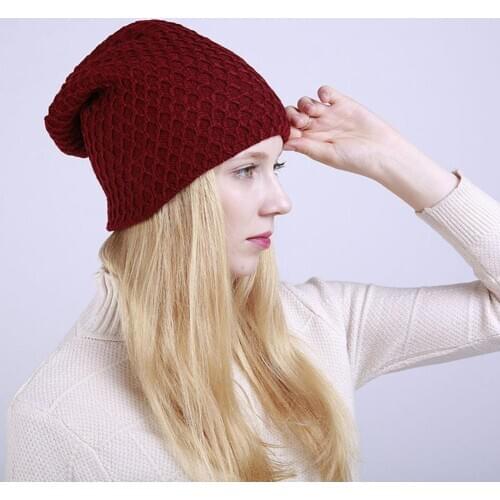 Women Winter Mesh Rhombus Fleece Woolen Knit Beanie Hat Elastic Cap Collar Scarf Knit Beanie Hat Winter Hats Warm Cap
