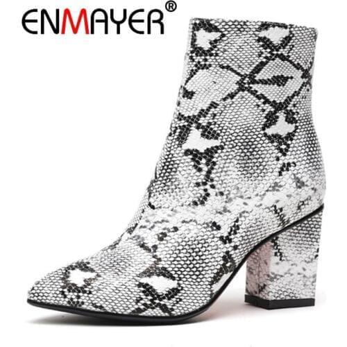 ENMAYER Women Ankle Boots Winter Pointed toe Short boots Print Snake Pu Causal Footwear Thick High Heels Shoes Women 2020 CR2012