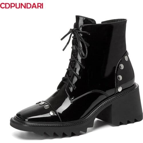 Ladies Black High Heels Genuine Leather Platform Ankle Boots Women Autumn Winter Punk Martin Short Boots Shoes Botines Mujer