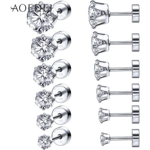 AOEDEJ 12 Pcs/lot Rose Gold Silver Color Stud Earrings Ear piercing Jewelry Crystal Cubic Zirconia Earring for Women Men