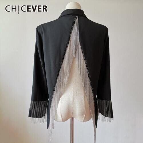 CHICEVER Designer Blazer For Women Notched Collar Long Sleeve Patchwork Tassel Back Split Streetwear Black Coat Female 2021 Tide