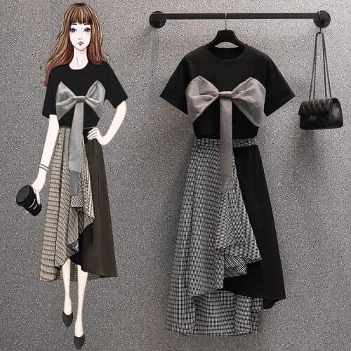 L-4XL Summer Top Quality Women Organza Bow Design Short Sleeve T Shirt+High Waist Irregular Long Skirt 2 Piece Set Clothes Suits