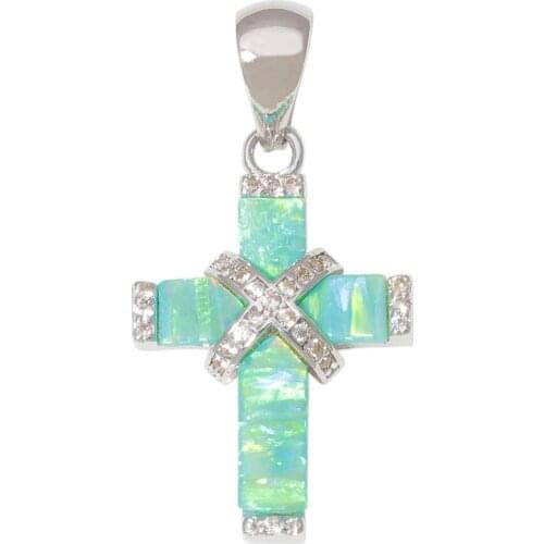 CiNily Silver plated Created Green white Opal cubic zirconia Cross Necklace Pendant Wholesale for women Jewelry 30mmOD6982-83
