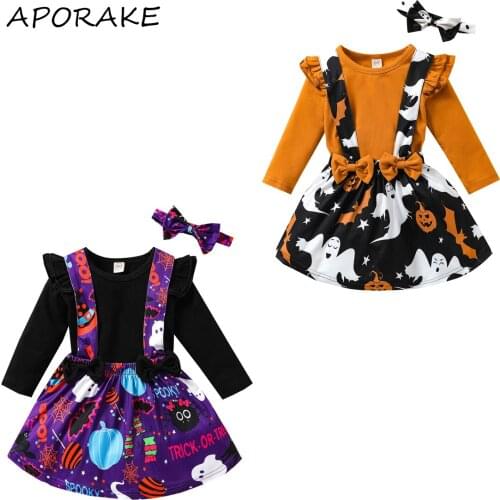 2021 0-4Y Halloween Kids Baby Girl Clothes Set Solid Color Long Sleeve T-shirt Top+Ghost Pumpkin Print Suspender Skirt+Headband
