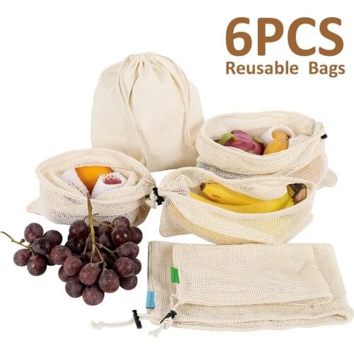 6pcs/set Reusable Cotton Vegetable Bags Home Kitchen Fruit And Vegetable Storage Mesh Bags With Drawstring Machine Washable