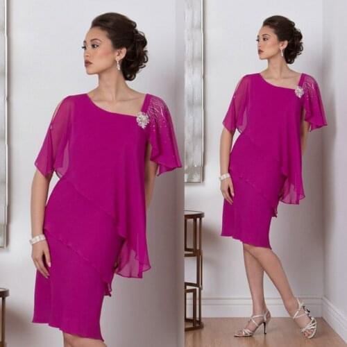 Fuchsia 2021 Mother Of The Bride Dresses Knee Length Sequined Cheap Plus Size Mothers Guest Dress