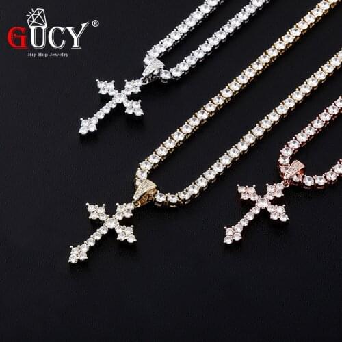 GUCY Men Women AAA Zircon Cross Pendant Gold Color Copper Material Iced CZ Cross Pendants Necklace Chain Fashion Hip Hop Jewelry