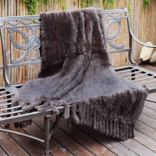 CX-D-20E Sofa Throw Custom Size And Color Hand Knitted Genuine Rabbit Fur Fringes Fur Throw Blanket