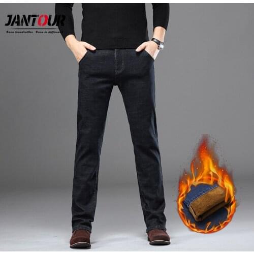 Jantour Brand Mens Winter Stretch Thicken Jeans Warm Fleece High Quality Denim Biker Jean Pants Trousers Size 28-35 40 42 44 46