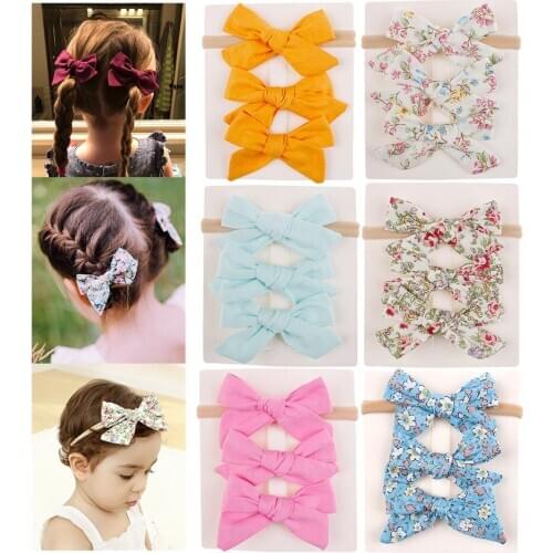 Fashion 3pcs/lot Soft Cotton Bows Kids Child Headband with 2pcs Bowknot Hair Clips Printed Flower Boy Girl Headwear Set