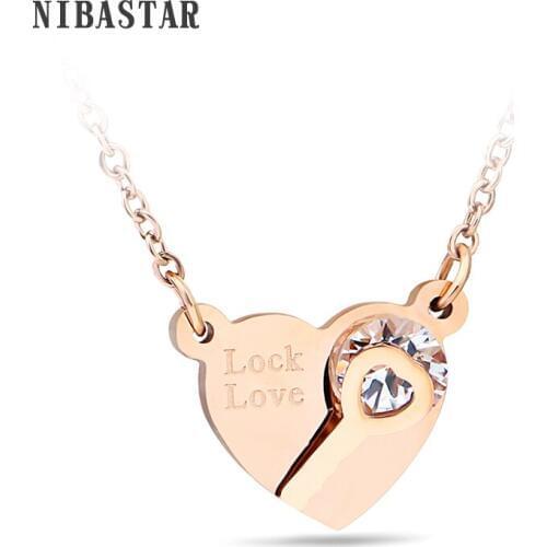 Fashion Rose Gold Color 316L Stainless Steel Heart Love Lock Pendants Crystal Necklaces For Women Love Accessories