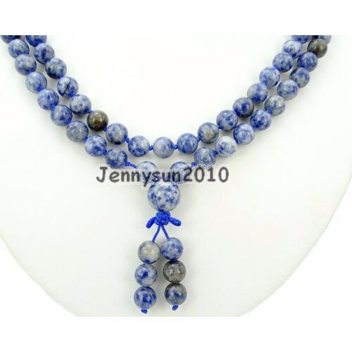 Natural Blue Spot 8mm Gems Stone Buddhist 108 Beads Prayer Mala Knot Necklace Multi-Purpose 5Strands/Pack