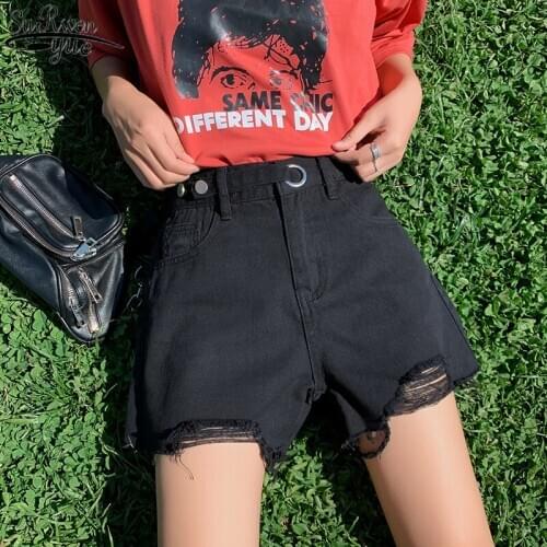 New Korean Style Ripped Shorts Loose Solid Button Wide Leg Womens Shirts Plus Size High Waist Slim Straight-Leg Shorts 9515