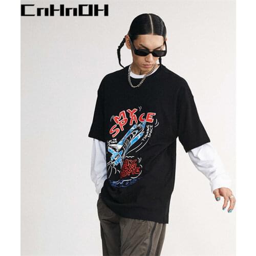 CnHnOH Spring And Summer New HipsterTrend Chic Couple Cartoon Rocket Hipster Oversize Creativity Short-Sleeved Men A088