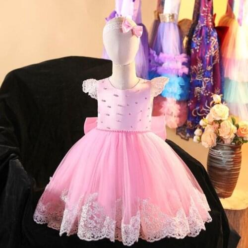 2020 Spring Autumn New Princess Dress With Headband Pearl Childrens Dress Evening Birthday Party Dress Kids Dress