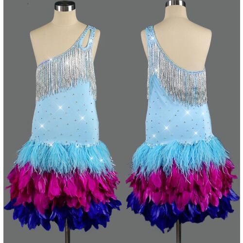 Blue Feather Latin Dance Dresses For Women Shiny Rhinestone Lace Club Party Dancer Singer Entertainer Fringe Tassel Dress