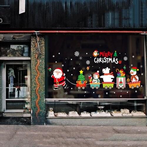 Christmas Wall Stickers Christmas Home Decoration Santa Claus Train Cartoon Waterproof Wall Decals Snowman Polar Bear Ornaments