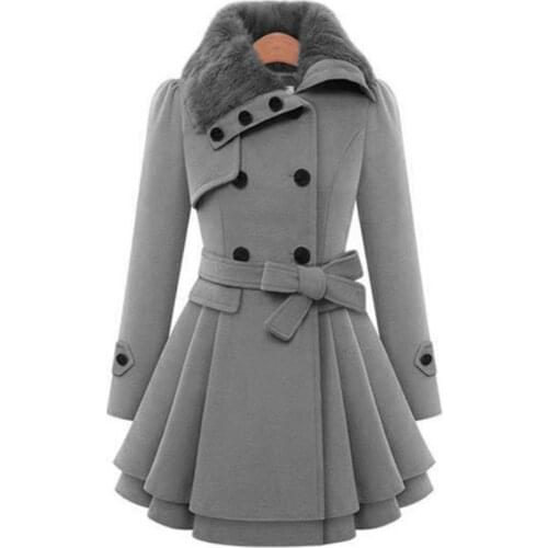 Turn-down Collar Long Sleeve Peacoat Winter Coat Women Trench Coat Faux Fur Double Breasted Thick Plus Size New Fashion Outwear