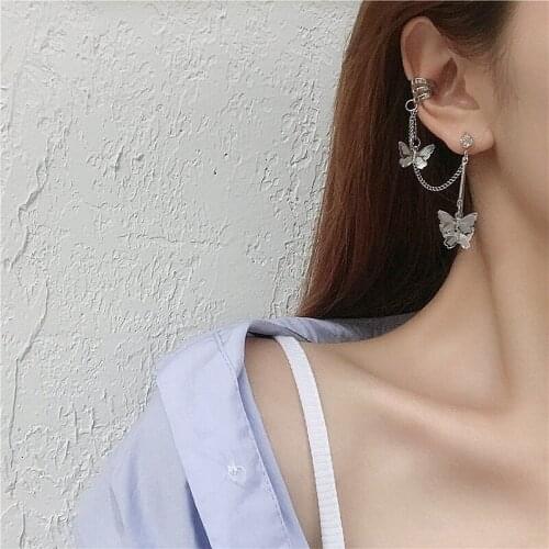 S925 needle butterfly tassel ear studs immortalian Sen super immortalian pendant long temperament earrings without earhole earcl