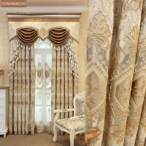 Custom curtains European high-end embroidered luxury hollowed shading beige gold cloth blackout curtain valance tulle drape C868
