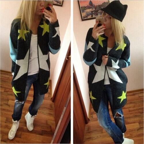 Long Loose Warm Knitted Cardigans Women Long Sleeve Autumn Sweaters Star Pattern Print Casual Outwear