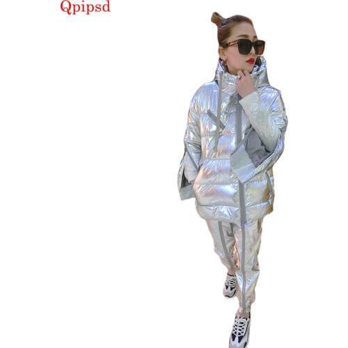 2019 Fashion Metal Silver Down Set Suit Winter Thicken Warm Jacket Pants Cotton 2 Piece Suits Women Winter Hooded Jackets Parkas