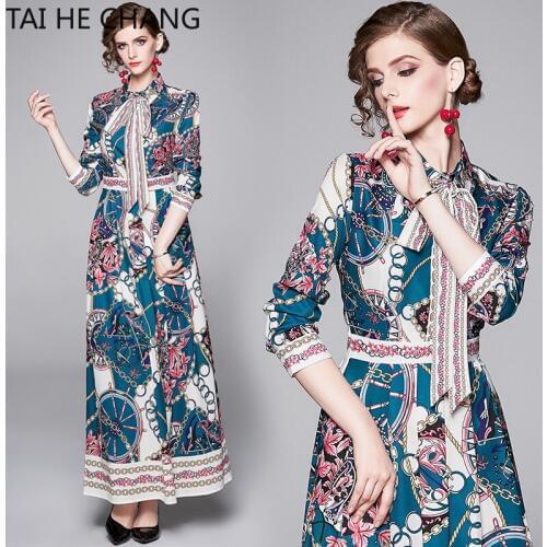 Women Dress New Fashion Retro Spring Summer Elegant Slim Bodycon Vintage Party Runway Print Shirt Office Work Maxi Dresses