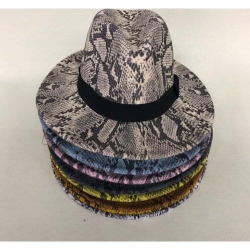 ZJBECHAHMU Fashion Hot Wool Felt Hats Floppy Wide Brim Fedora For Women Snake skin Striped Band Jazz Cap Lady Winter Panama Hat
