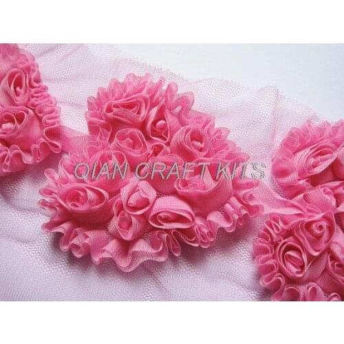 12 pcs Shabby Chiffon Rose 3.5" Heart Appliques -Dark Pink(Bubble) or specified colors