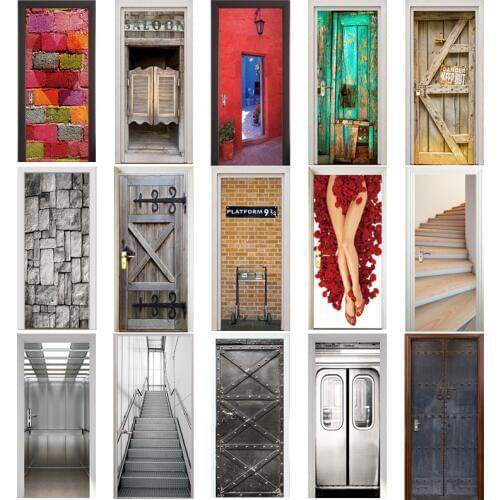 3D Door Sticker Retro Old Wooden Door Station Bar Elevator Police Hall Subway Stairs Color Bricks Pulling Door Home Decor Paste