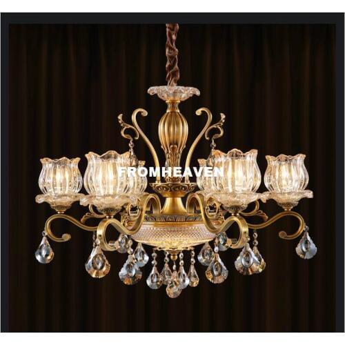 Free Shipping Modern Brass European Crystal Chandelier Lingting Luxurious E14 AC Brass Crystal Lamp Lustre Suspension Lighting