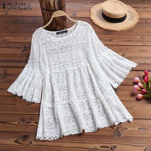 Bohemian Lace Tops Womens Summer Blouses ZANZEA 2021 Casual Hollow Blusas Female O Neck 3/4 Sleeve Tunic Plus Size Chemise 5XL