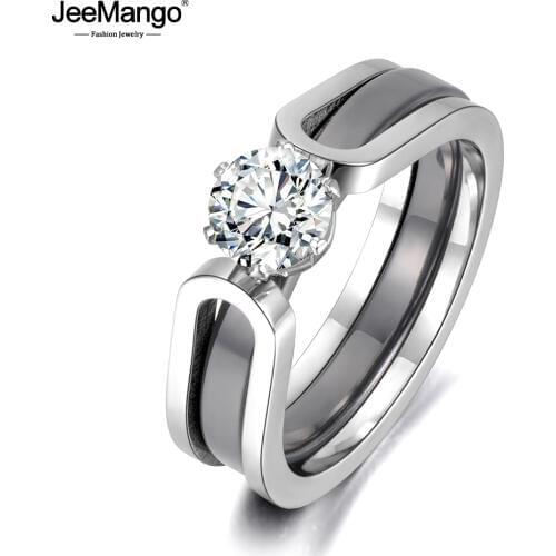 JeeMango 2 In 1 Black/White Ceramic Crystal Wedding Ring Jewelry For Women AAA Cubic Zirconia Stainless Steel Engagement JR18071