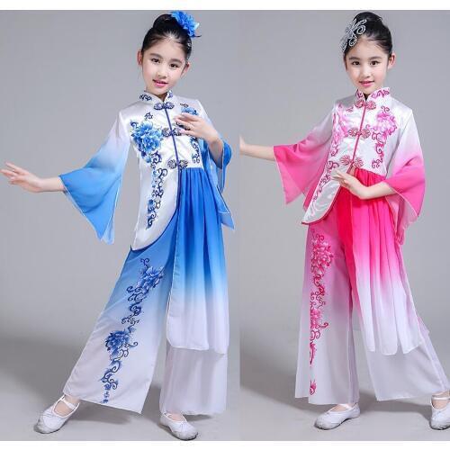 Girls Sequins Embroidery Chinese Folk Dance Costumes Children Fan Yangko Classical Dancing Stage wear Performance Clothing Suits