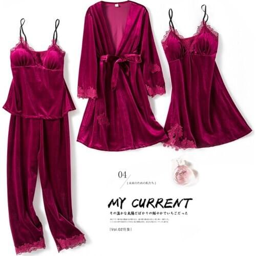 2020 Women Robe & Gown Sets Sexy Lace Bathrobe Night Dress 4 Pieces Sleepwear Womens Sleep Set Velvet Robe Femme Lingerie Suit