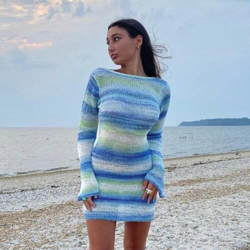 Tie Dye Mini Knitted Sweater Dress Women Long Sleeve Outfits Sexy Backless Beach Bodycon Dress 2021 Autumn Winter Clothing